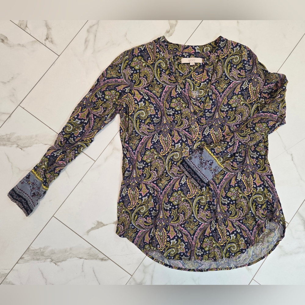 LOFT Paisley Long Sleeve Button Down Blouse Floral Cuff Women's Size XS
